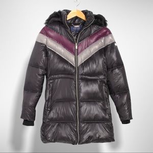 RACHEL ROY COLORBLOCK FAUX FUR HOOD PUFFER JACKET - MEDIUM